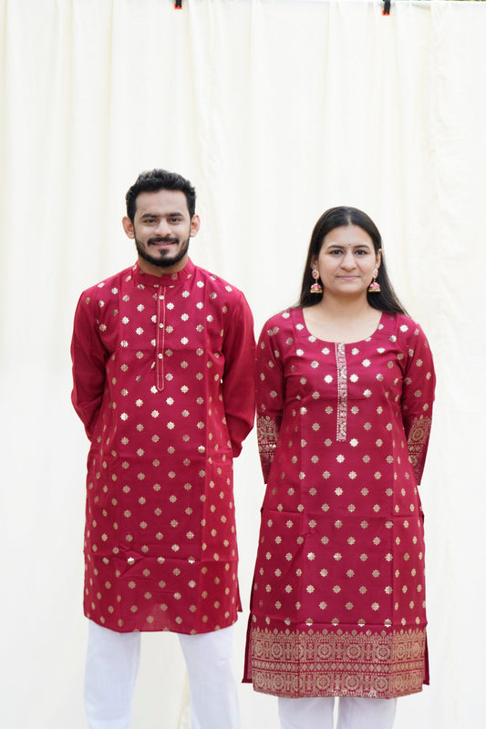 Anarkali Salim Maroon Couple Ethnic Set